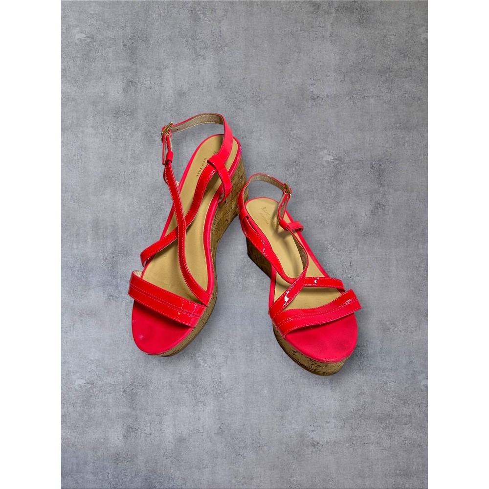 Kate Spade Wedge Sandals Womens 6 Coral Pink Good Patent Leather‎ Cork Strappy